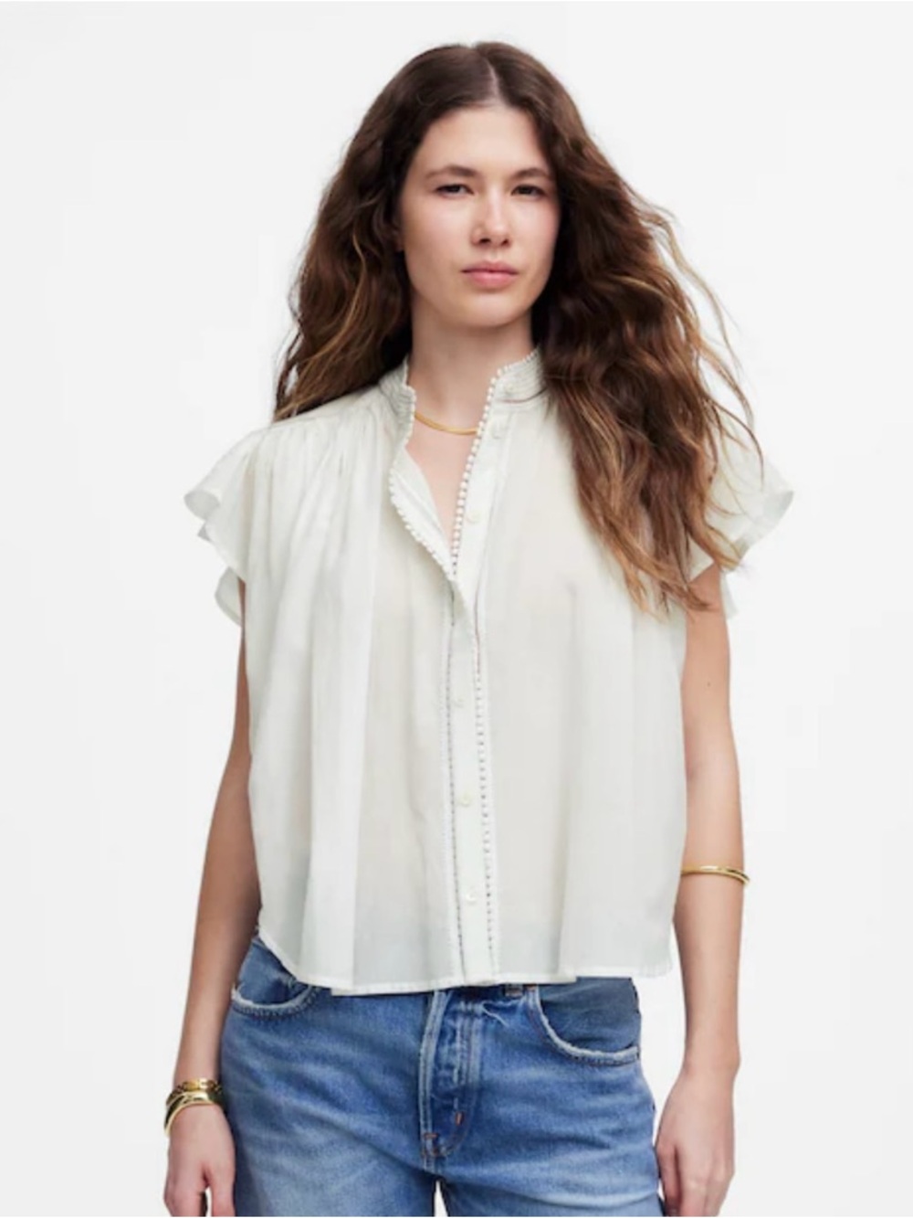 NWT Madewell Shirred Lace-Trim Top Blouse Short Sleeve White